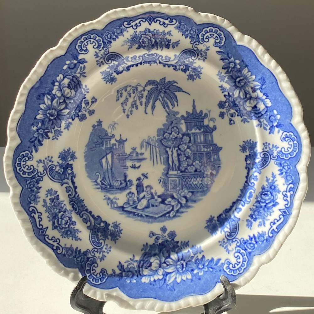 Antique John Maddock & Sons Royal 9” Blue Transferware Plate - Asian w/ Pagodas
